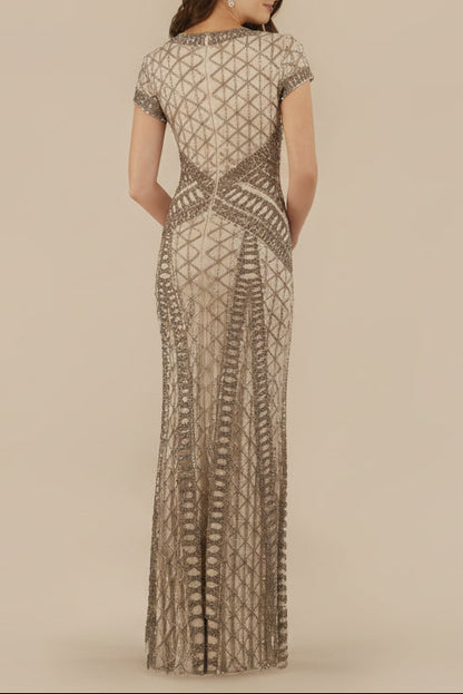 Lara 29746 - Beaded V-Neckline Dress with Cap Sleeves by Lara New York