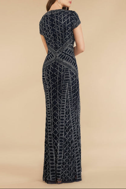Lara 29746 - Beaded V-Neckline Dress with Cap Sleeves by Lara New York