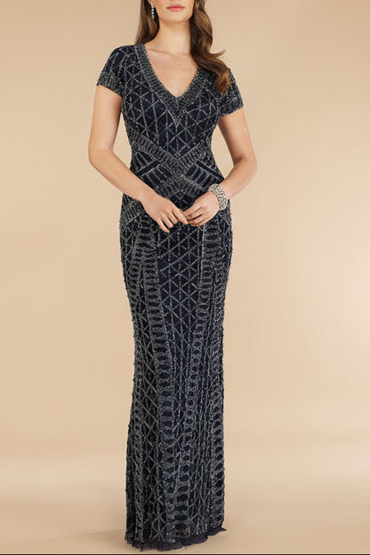 Lara 29746 - Beaded V-Neckline Dress with Cap Sleeves by Lara New York