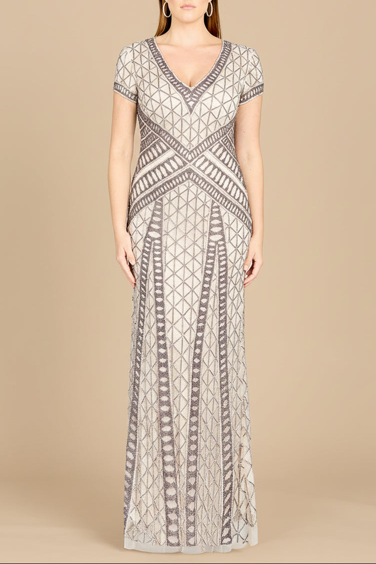 Lara 29746 - Beaded V-Neckline Dress with Cap Sleeves by Lara New York