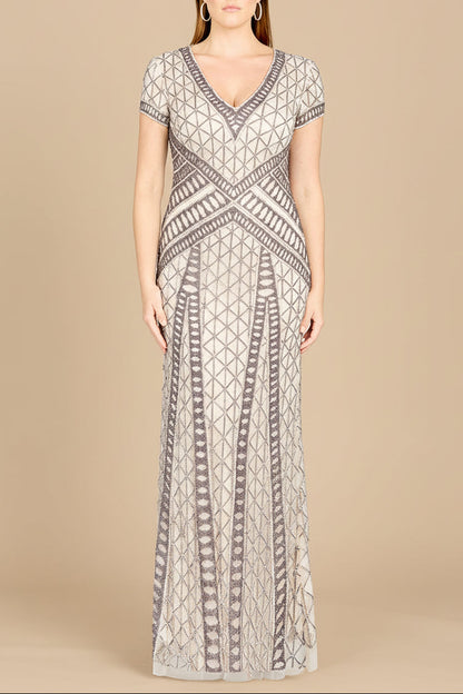Lara 29746 - Beaded V-Neckline Dress with Cap Sleeves by Lara New York