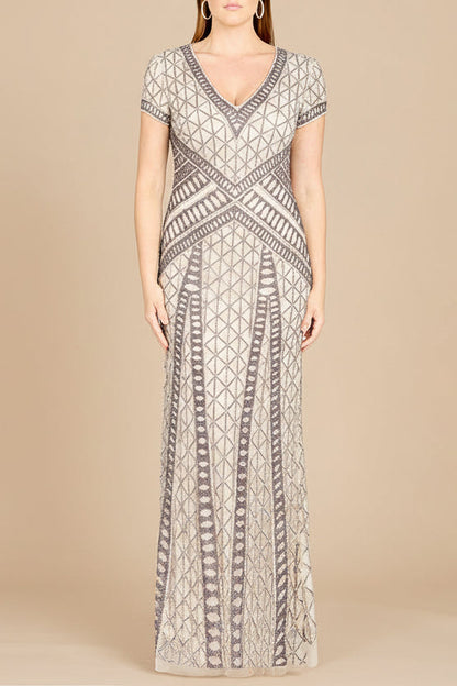 Lara 29746 - Beaded V-Neckline Dress with Cap Sleeves by Lara New York