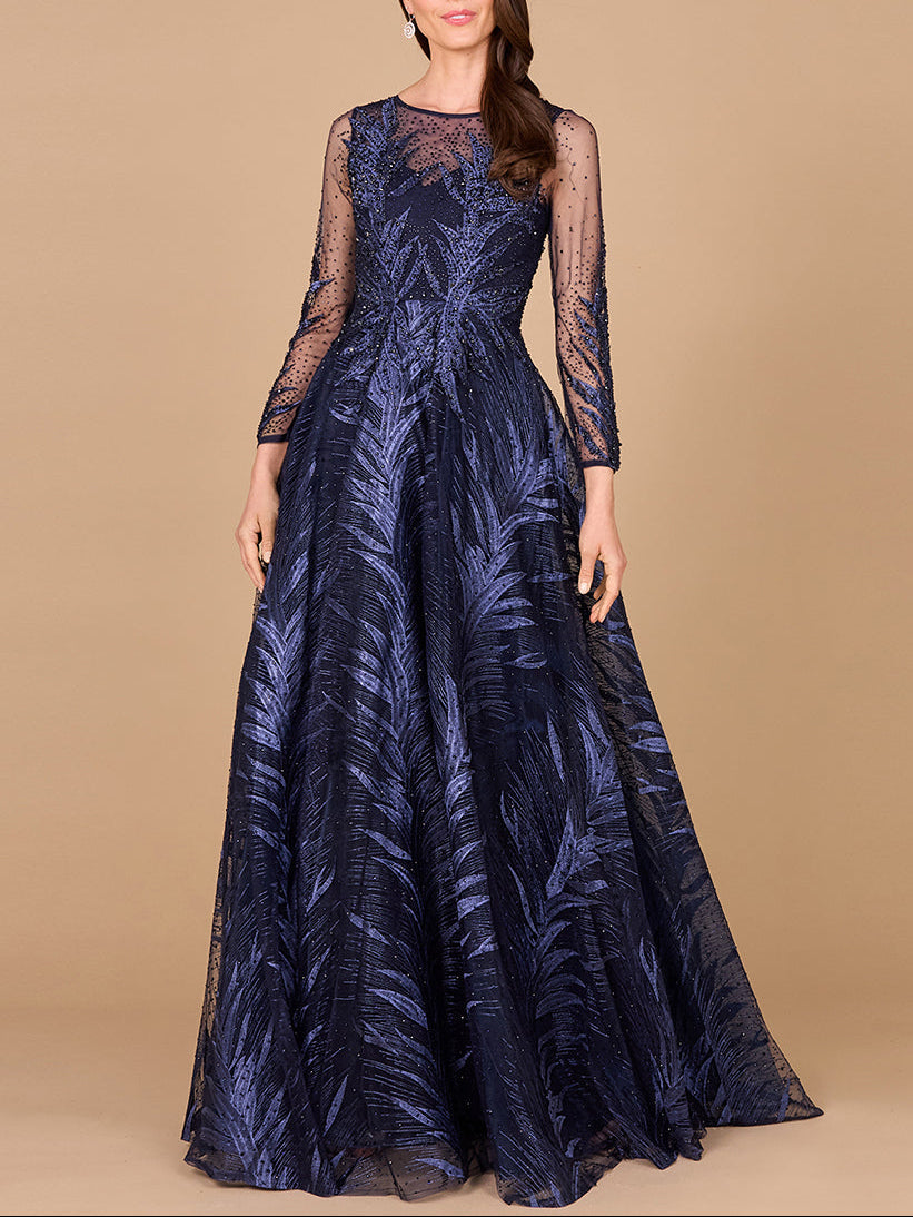Lara 29761 - High Neck Sheer Long Sleeve Embellished Gown by Lara New York