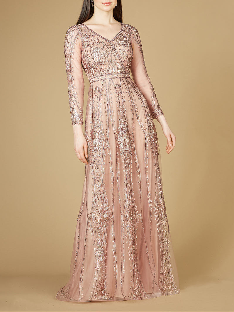 Lara 29788 - Long Illusion Sleeves, A-line Long Gown by Lara New York