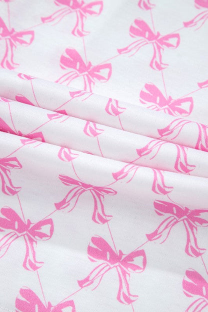 Women's Pink Bow Print Pajama Set - Short Sleeve Top & Ruffled Shorts