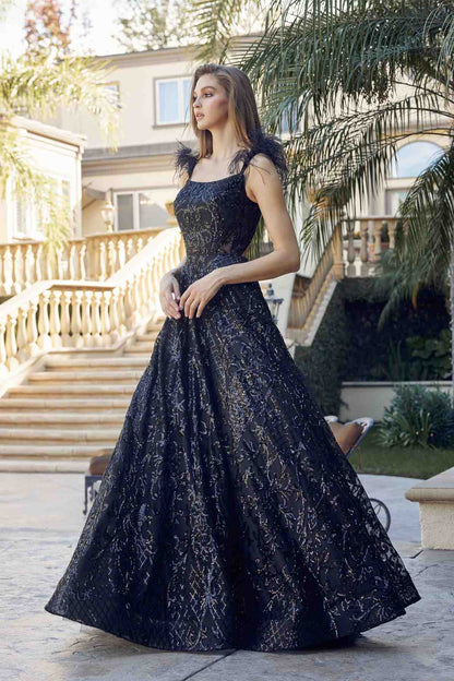 Juliet 297 Floor Length Feathered Cap Sleeve Patterned Sequin A-Line Gown by DiscountDressShop