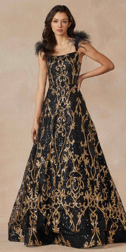 Juliet 297 Floor Length Feathered Cap Sleeve Patterned Sequin A-Line Gown by DiscountDressShop