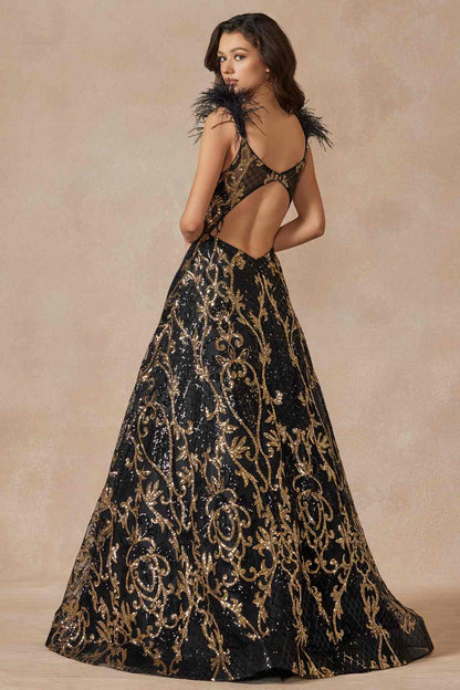 Juliet 297 Floor Length Feathered Cap Sleeve Patterned Sequin A-Line Gown by DiscountDressShop