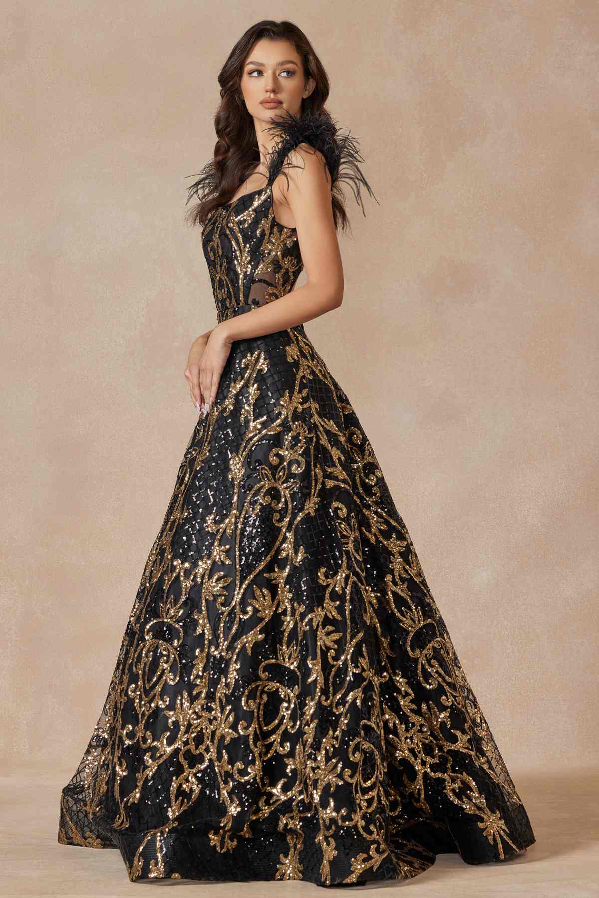 Juliet 297 Floor Length Feathered Cap Sleeve Patterned Sequin A-Line Gown by DiscountDressShop