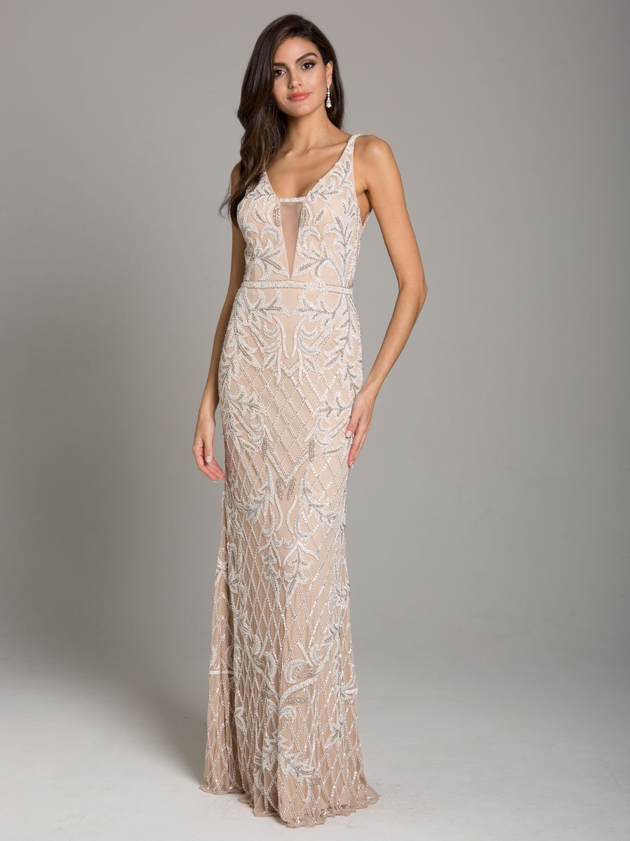 Lara Beverly Long Beaded Low Back V Neck Sleeveless Dress by Lara New York