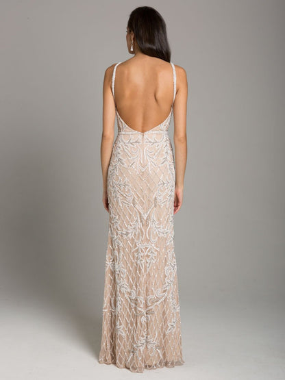 Lara Beverly Long Beaded Low Back V Neck Sleeveless Dress by Lara New York