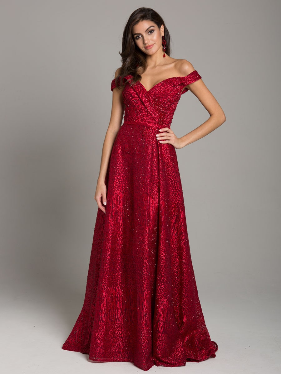 Tonal Beaded Off Shoulder Ballgown by Lara New York