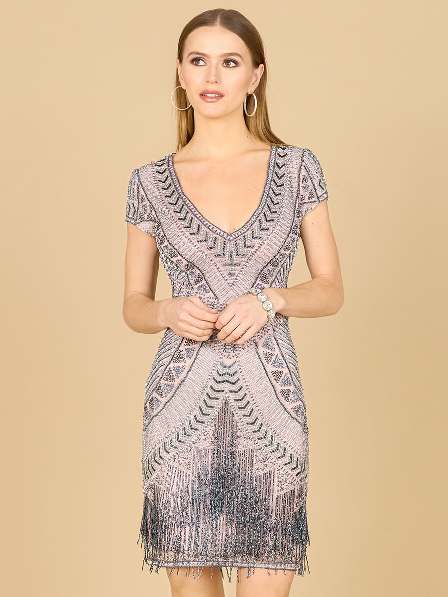 Lara Brooklyn Beaded Fitted Short Dress with Open Back by Lara New York