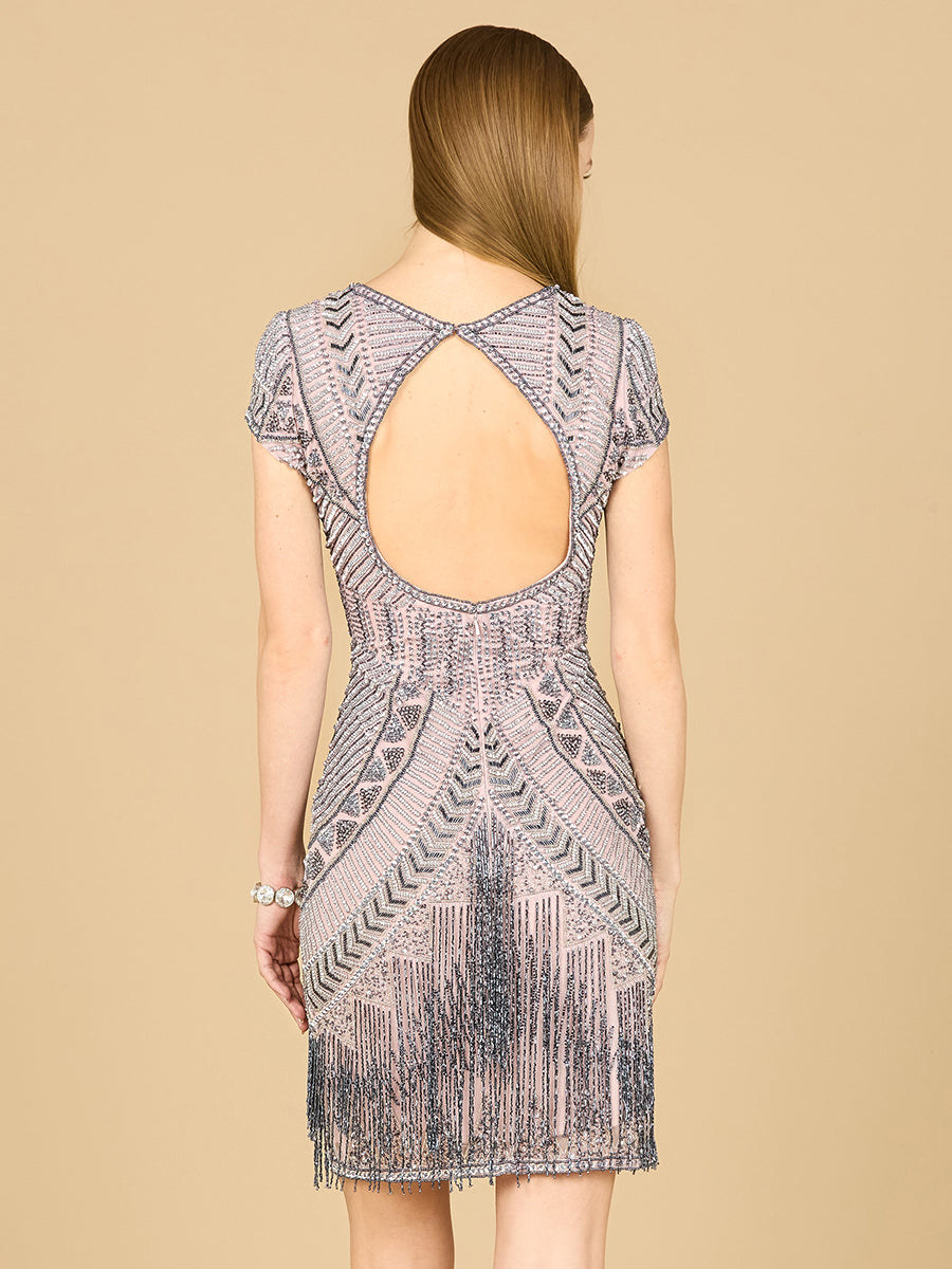 Lara Brooklyn Beaded Fitted Short Dress with Open Back by Lara New York