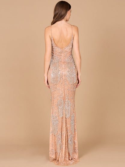 Lara Danika Floral Beaded Sheath Beaded Dress with Beaded Fringe by Lara New York