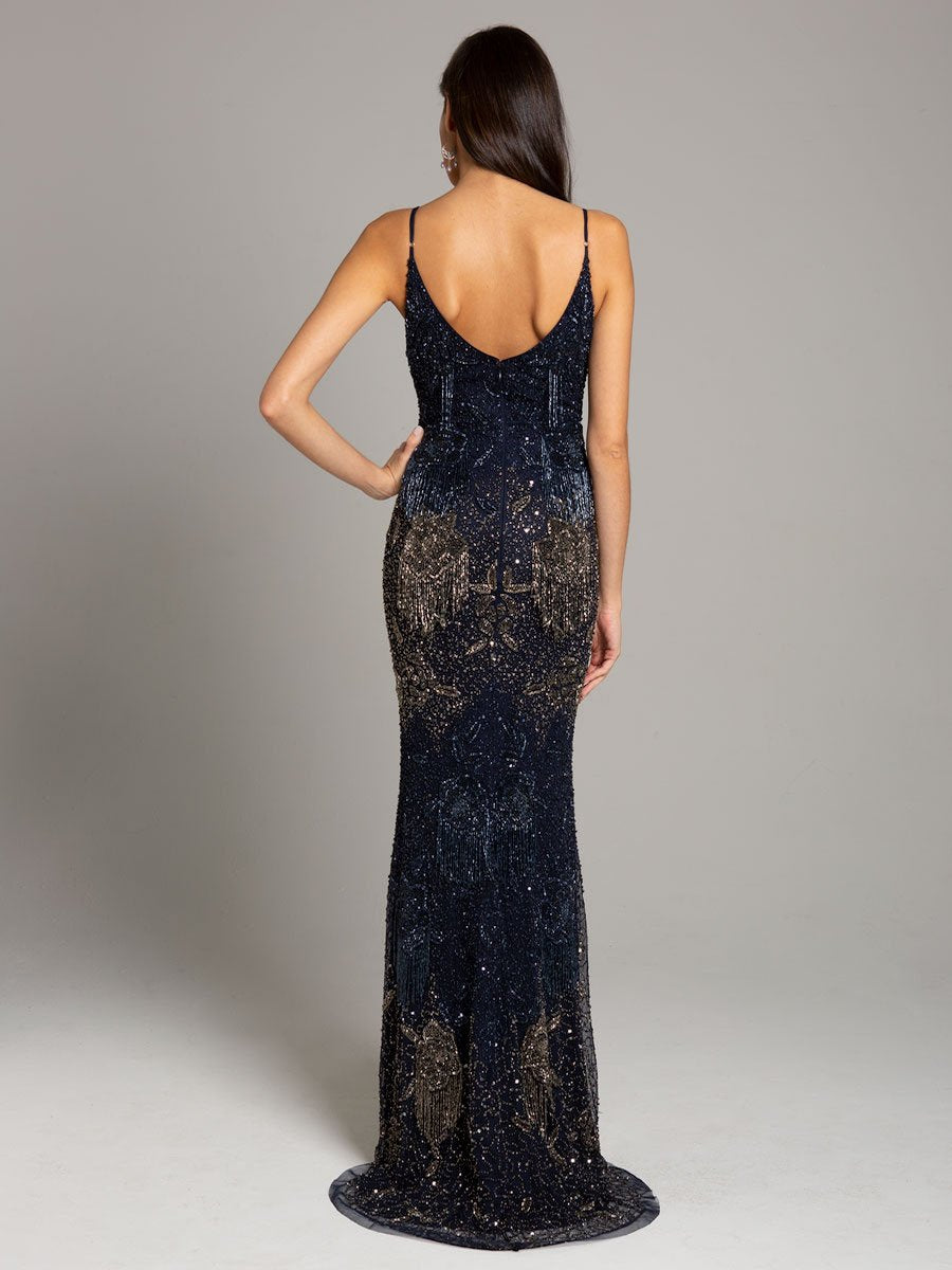 Lara Danika Floral Beaded Sheath Beaded Dress with Beaded Fringe by Lara New York