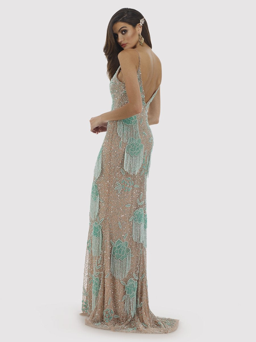Lara Danika Floral Beaded Sheath Beaded Dress with Beaded Fringe by Lara New York