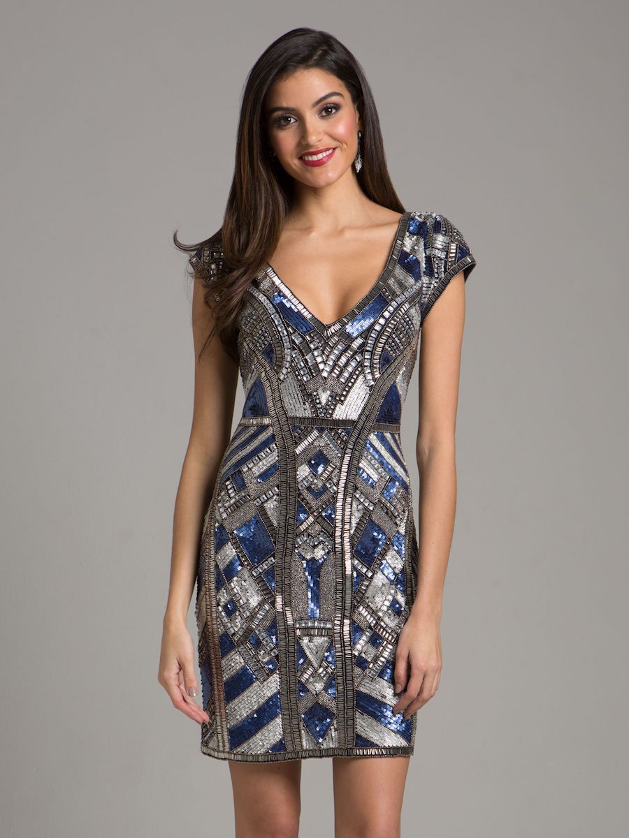 Lara 29909 - Beaded, V-neck Mini Dress by Lara New York