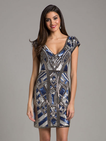 Lara 29909 - Beaded, V-neck Mini Dress by Lara New York