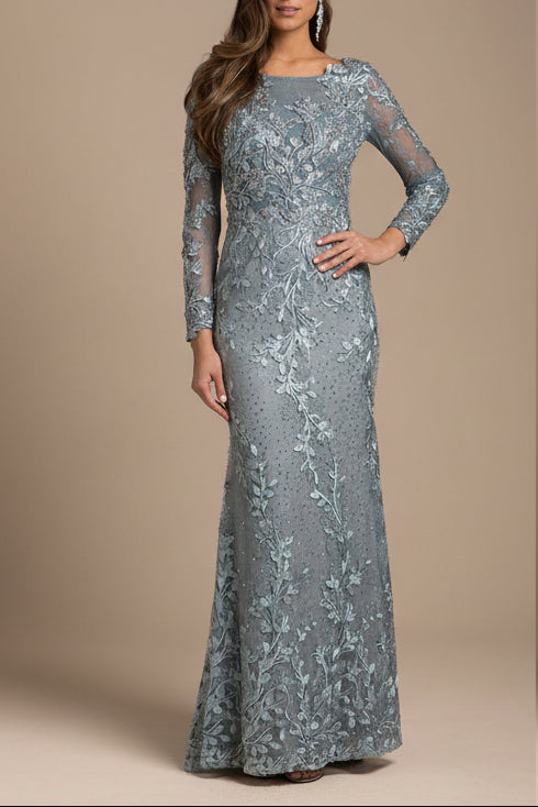Lara 29924 - Long Sleeve Lace Dress With Lace Appliques by Lara New York