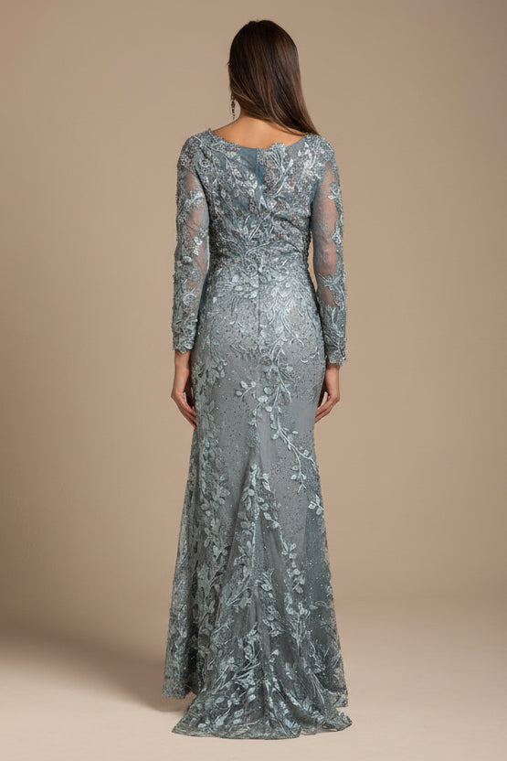 Lara 29924 - Long Sleeve Lace Dress With Lace Appliques by Lara New York