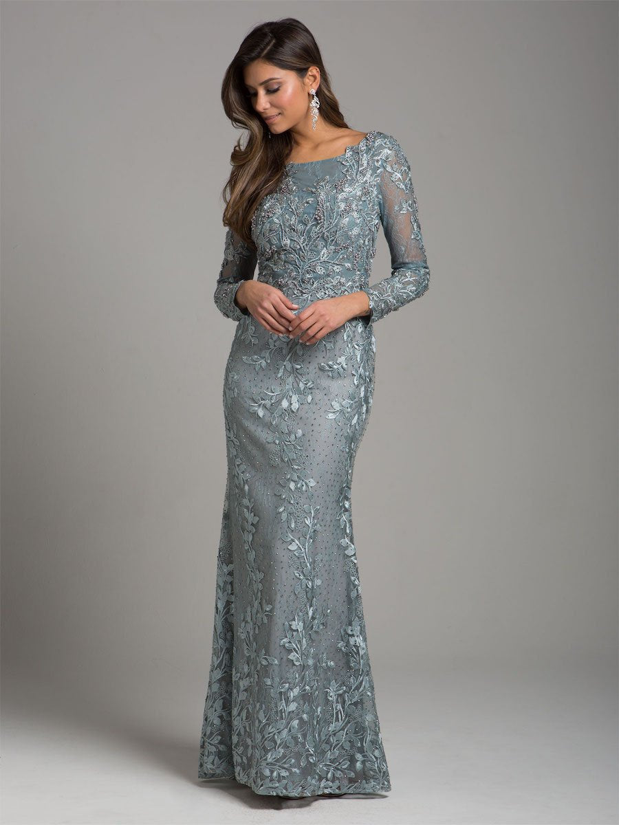 Lara 29924 - Long Sleeve Lace Dress With Lace Appliques by Lara New York