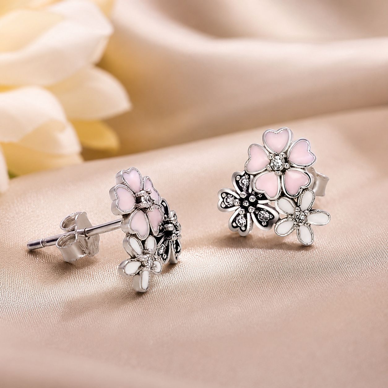 925 Sterling Silver Earrings with Pavé Setting, Oxidized Silver, Enamel - 1.0 x 1.1 cm for Women  DestGlow