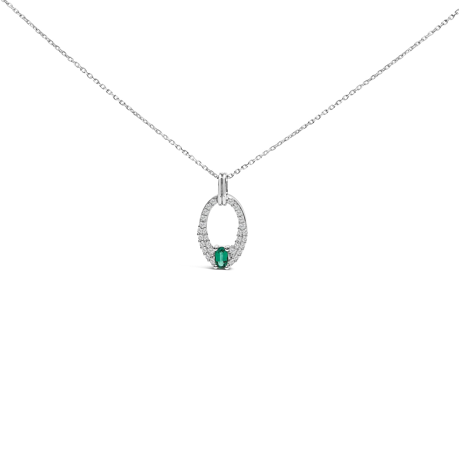 .925 Sterling Silver Created Green Emerald and White Sapphire Oval Shaped Pendant Necklace - 18" Inches by Bids.com