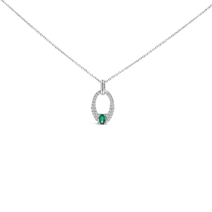 .925 Sterling Silver Created Green Emerald and White Sapphire Oval Shaped Pendant Necklace - 18" Inches by Bids.com