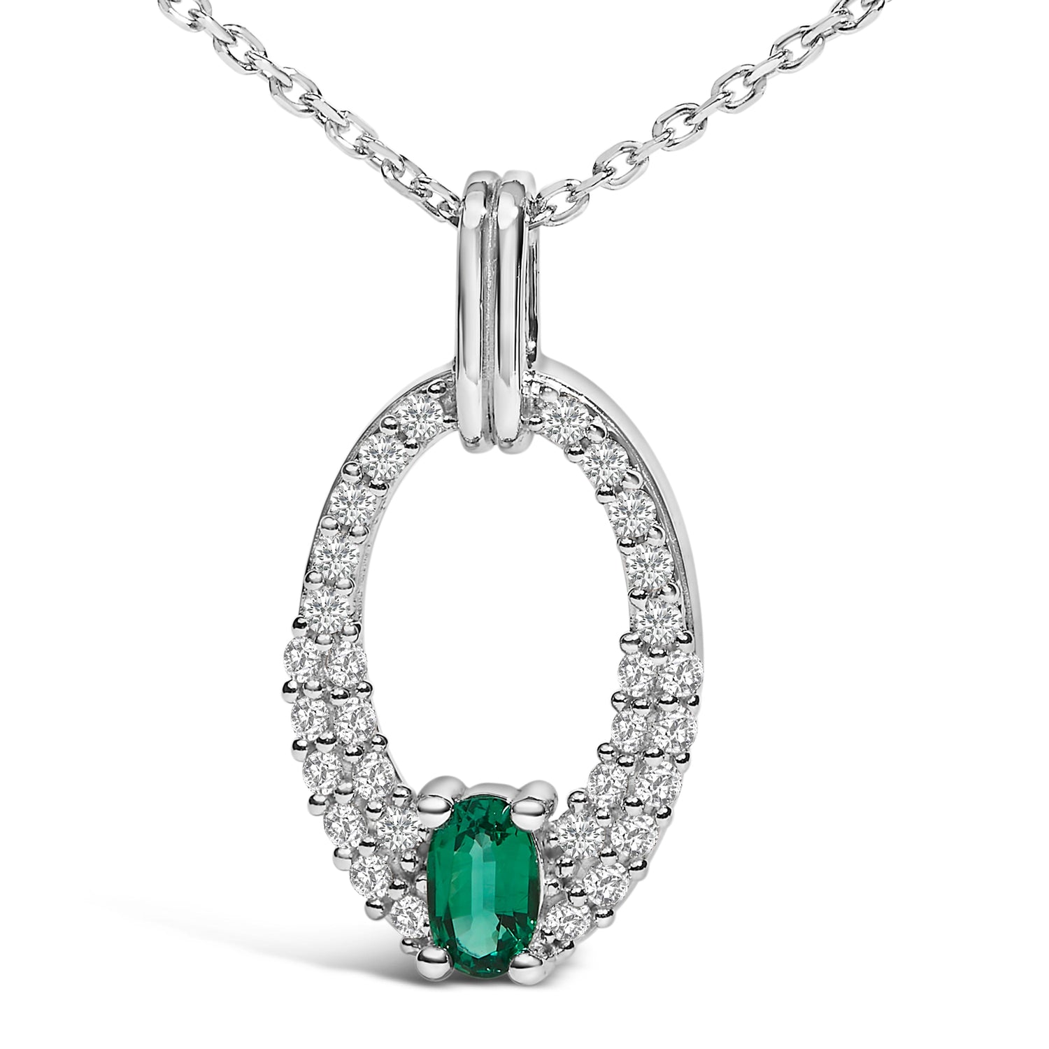 .925 Sterling Silver Created Green Emerald and White Sapphire Oval Shaped Pendant Necklace - 18" Inches by Bids.com