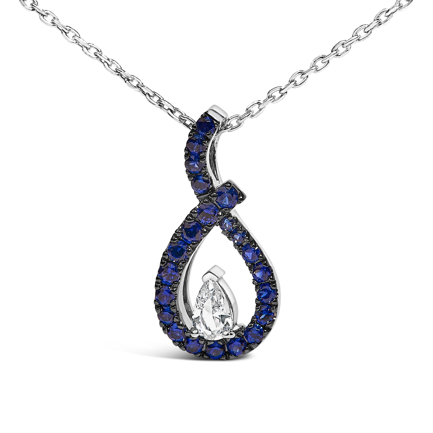 .925 Sterling Silver Created Blue and White Sapphire Teardrop Shaped Pendant Necklace - 18" Inches by Bids.com