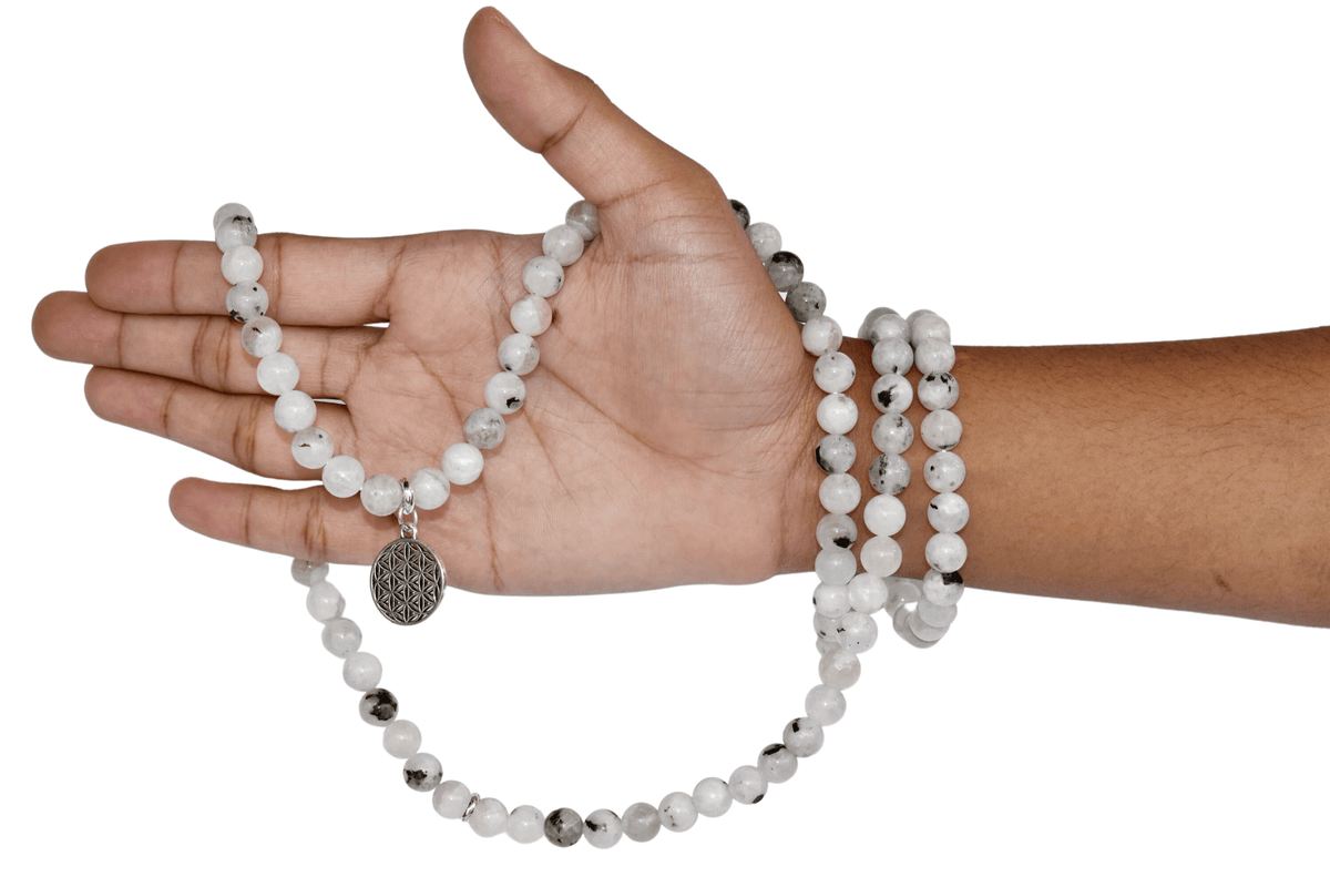 Rainbow Moonstone Beads Mala Bracelet, 108 Prayer Beads Necklace (Creativity and Compassion)  DestGlow
