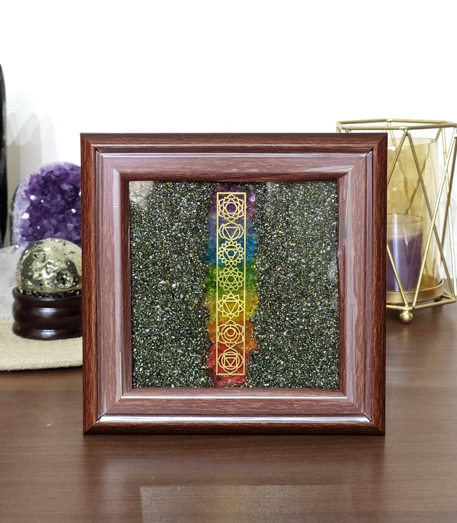 Pyrite Frame Raw Pyrite with 7 Chakra Pyrite Dust Plate  DestGlow