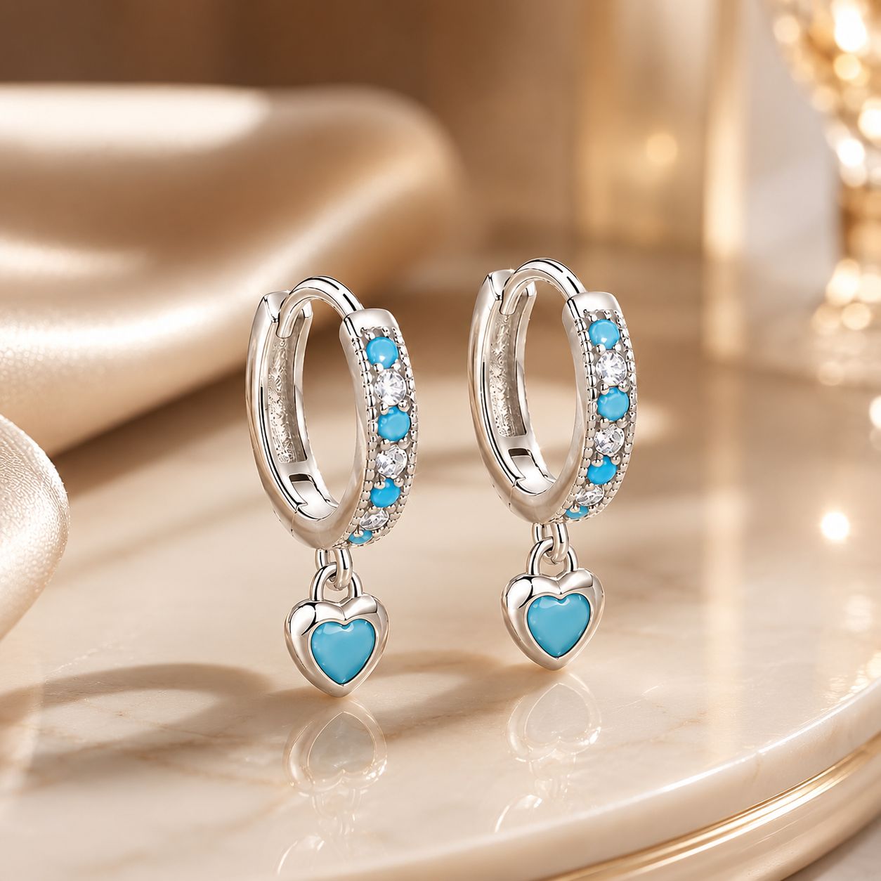 925 Sterling Silver Earrings with Synthetic Turquoise and CZ - White Gold Plated  DestGlow