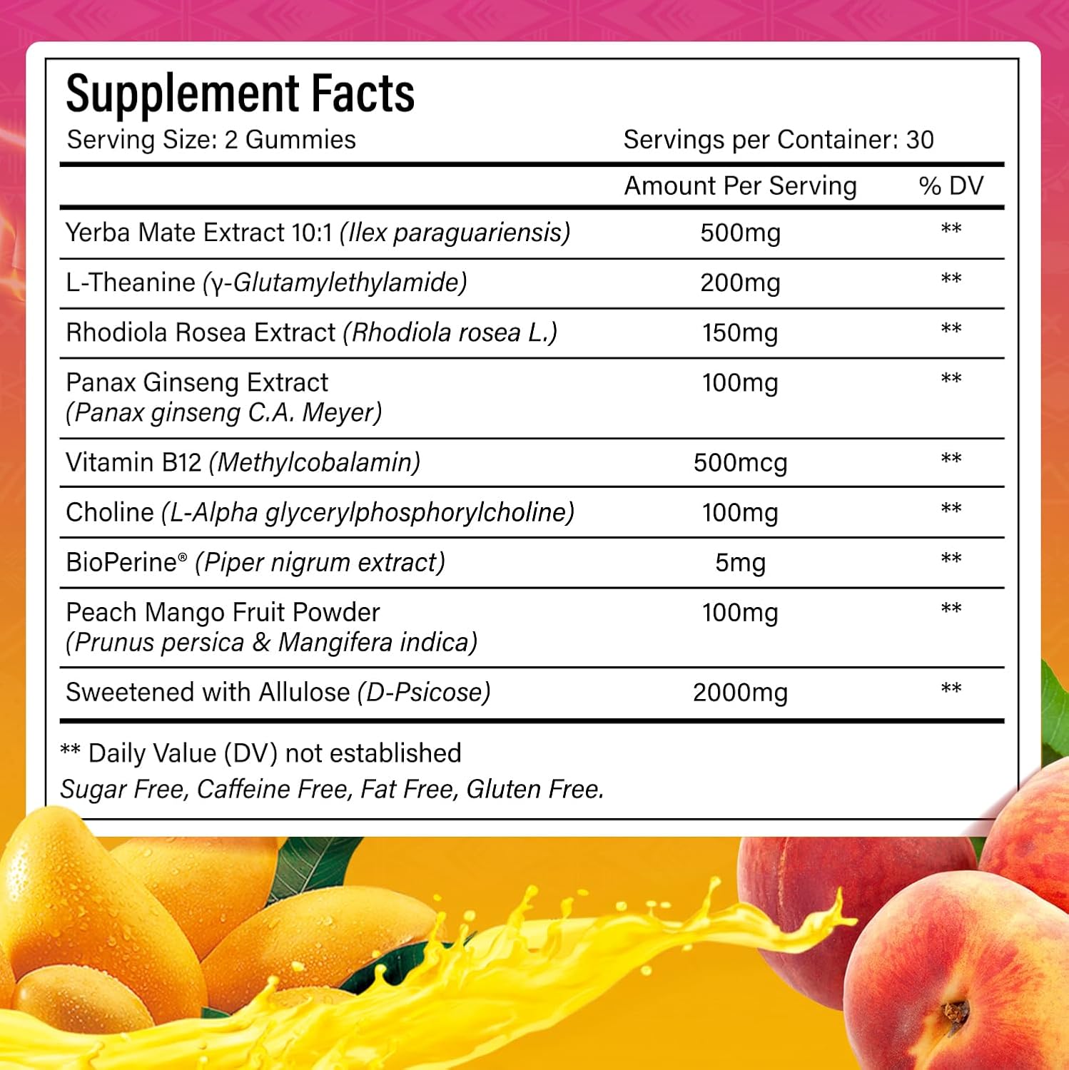 Yerba Mate Gummies – Super Focus &amp; Energy Support – Formulated with Yerba Mate Extract, L-Theanine, Rhodiola, Ginseng, Choline, B12 – Peach Mango Flavor by FreshDrinkUS - Natural and Premium Herbal Tea