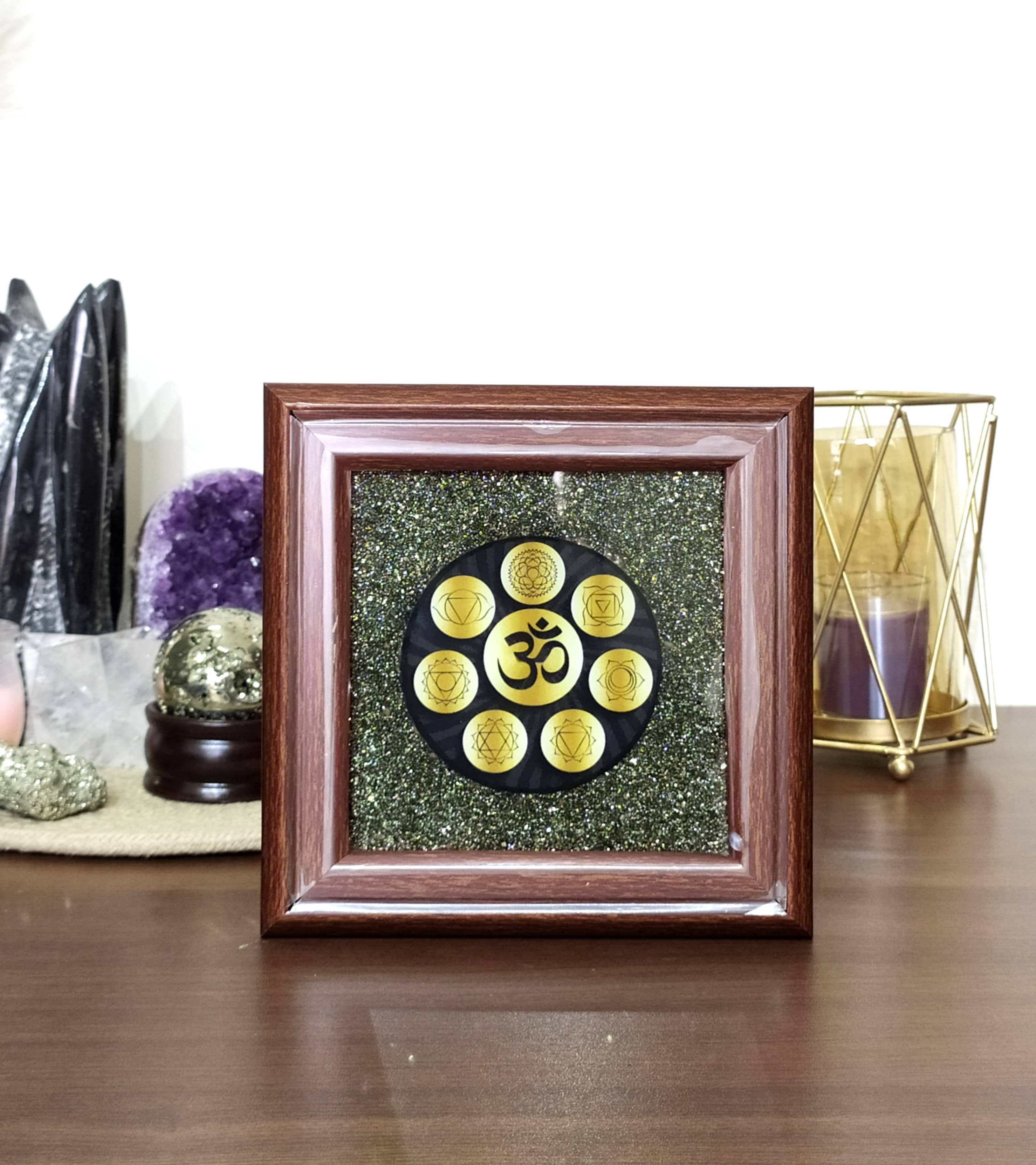 Pyrite Frame Raw Pyrite with Om, Pyrite Dust Plate.