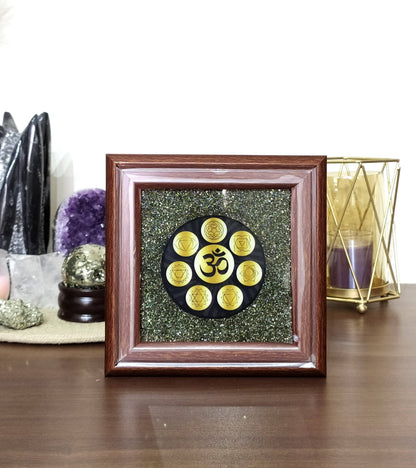 Pyrite Frame Raw Pyrite with Om, Pyrite Dust Plate.