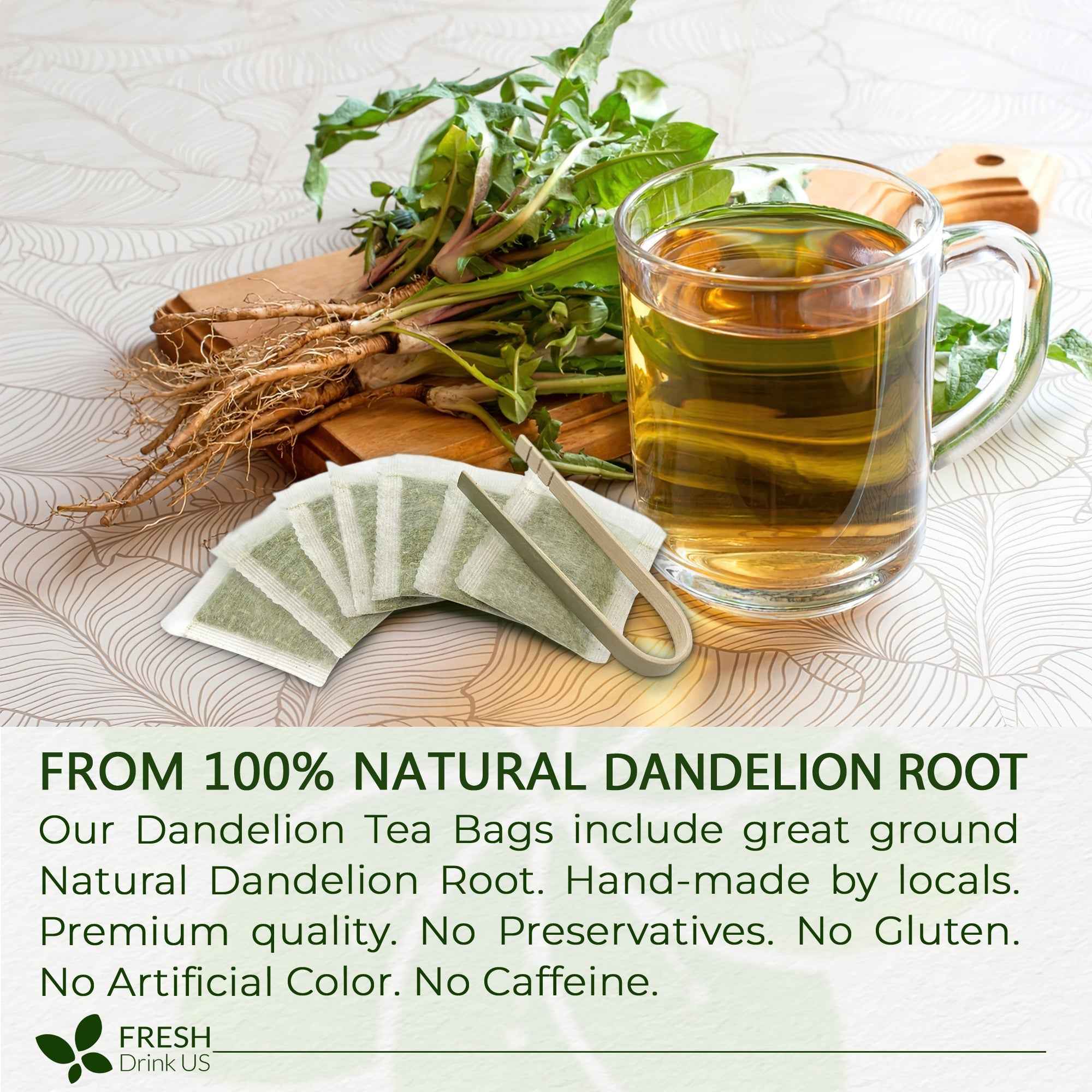 Dandelion Root Tea Bags, 100% Natural &amp; Pure from Dandelion Root, Eco-Conscious Tea Bags, Dandelion Root Herbal Tea. Dandelion Root Tea. No Sugar, No Caffeine, No Gluten, Vegan.