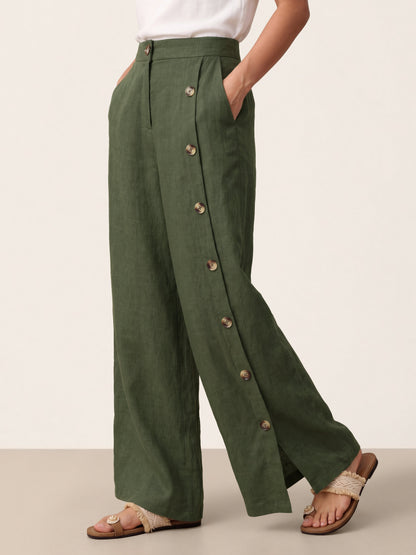 100% Linen Buttoned Slit-Hem Pants KATYA  DestGlow