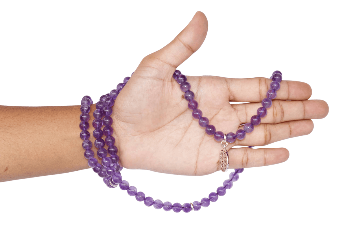 Amethyst Beads Mala Bracelet, 108 Prayer Beads Necklace (Intuition and Psychic Abilities)  DestGlow