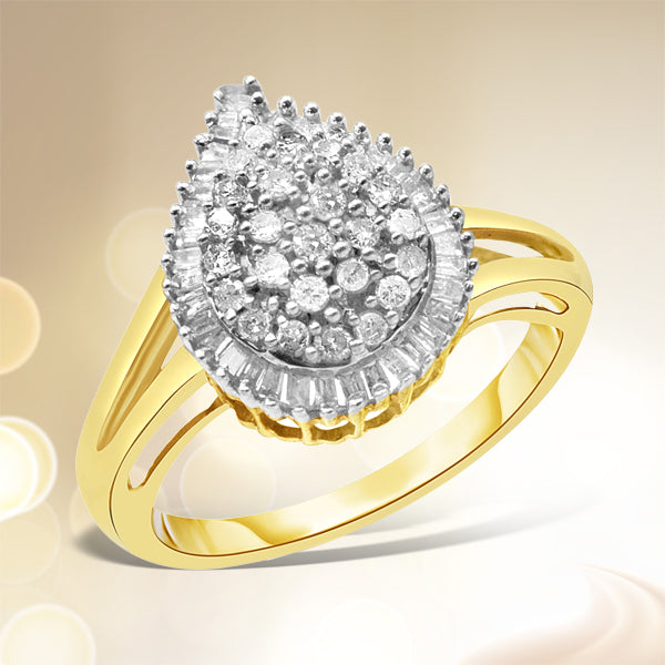 10K Yellow Gold 1/2 Cttw Round and Baguette-Cut Diamond Pear Ring (I-J Color, I1-I2 Clarity) - Size 7 by Bids.com