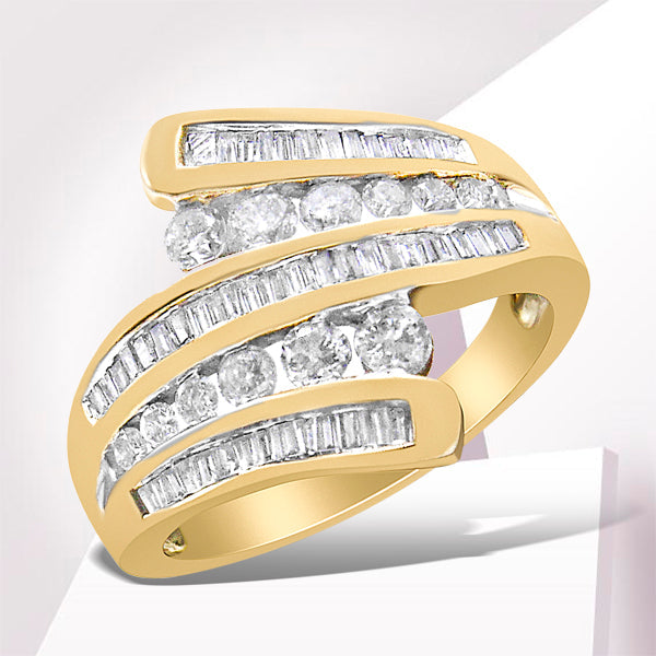 10K Yellow Gold 1 Cttw Round and Baguette-Cut Diamond Multi Row Bypass Ring Band (H-I Color, I1-I2 Clarity) - Ring Size 7 by Bids.com