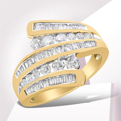 10K Yellow Gold 1 Cttw Round and Baguette-Cut Diamond Multi Row Bypass Ring Band (H-I Color, I1-I2 Clarity) - Ring Size 7 by Bids.com