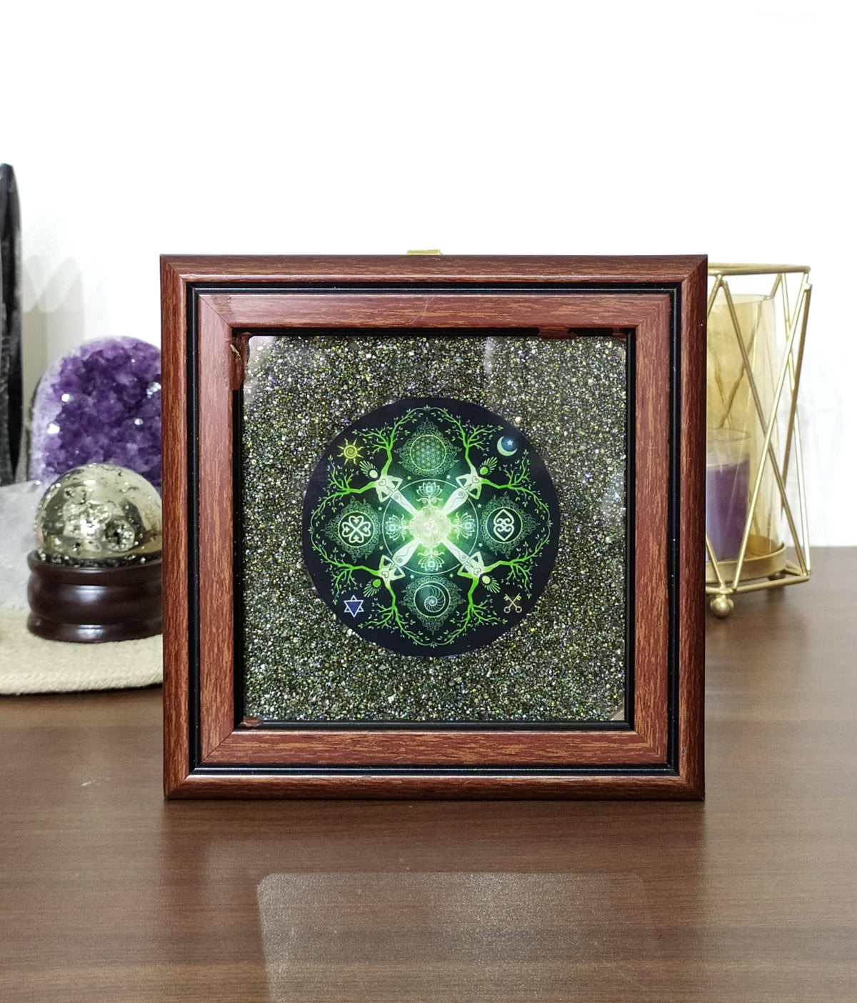Pyrite Frame with Numinosity Mandala Art, Pyrite Dust Plate  DestGlow