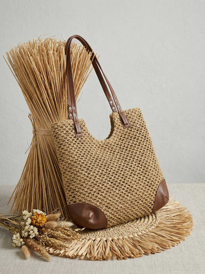Woven Hollow-Out Shoulder Tote Bag by LINTICO