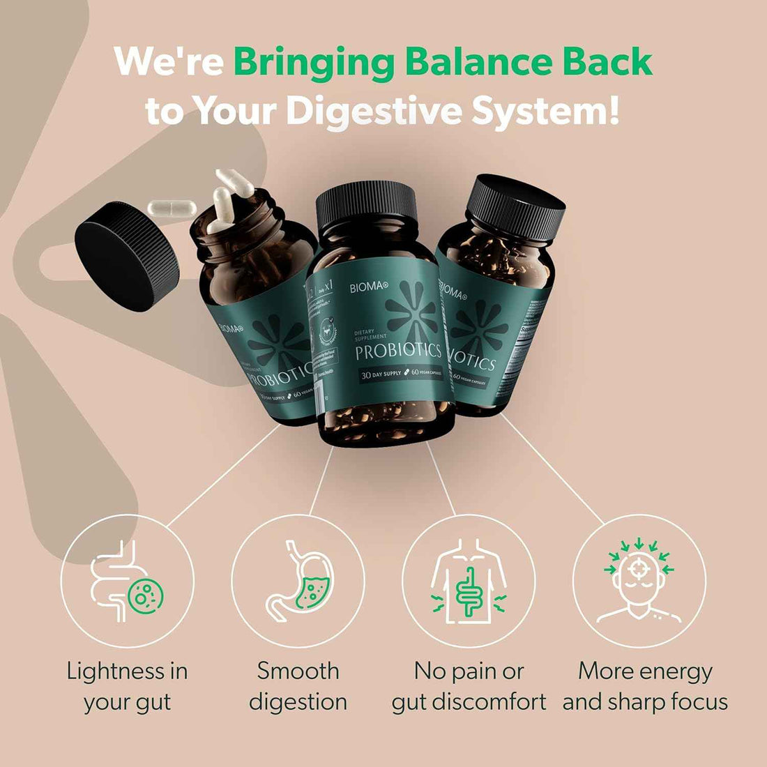 BIOMA Probiotic Gut Support - Vegan, Gluten Free, 60 Caps - Clearance Sale