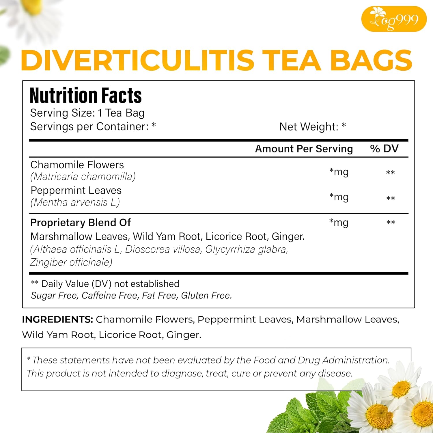 Premium Diverticulitis Tea Bags | 100% Natural Chamomile, Peppermint, Marshmallow Leaf, Wild Yam Root, Licorice &amp; Ginger Herbal Blend by FreshDrinkUS - Natural and Premium Herbal Tea