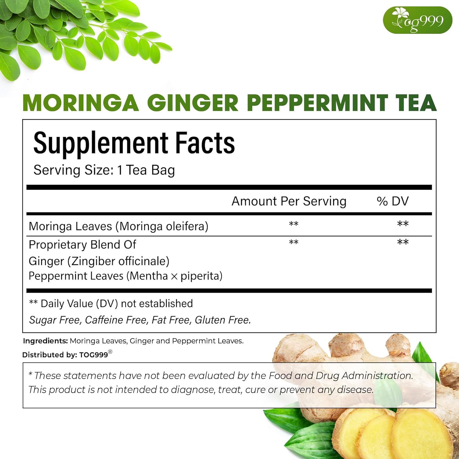Premium Moringa Ginger Peppermint Herbal Tea by FreshDrinkUS - Natural and Premium Herbal Tea