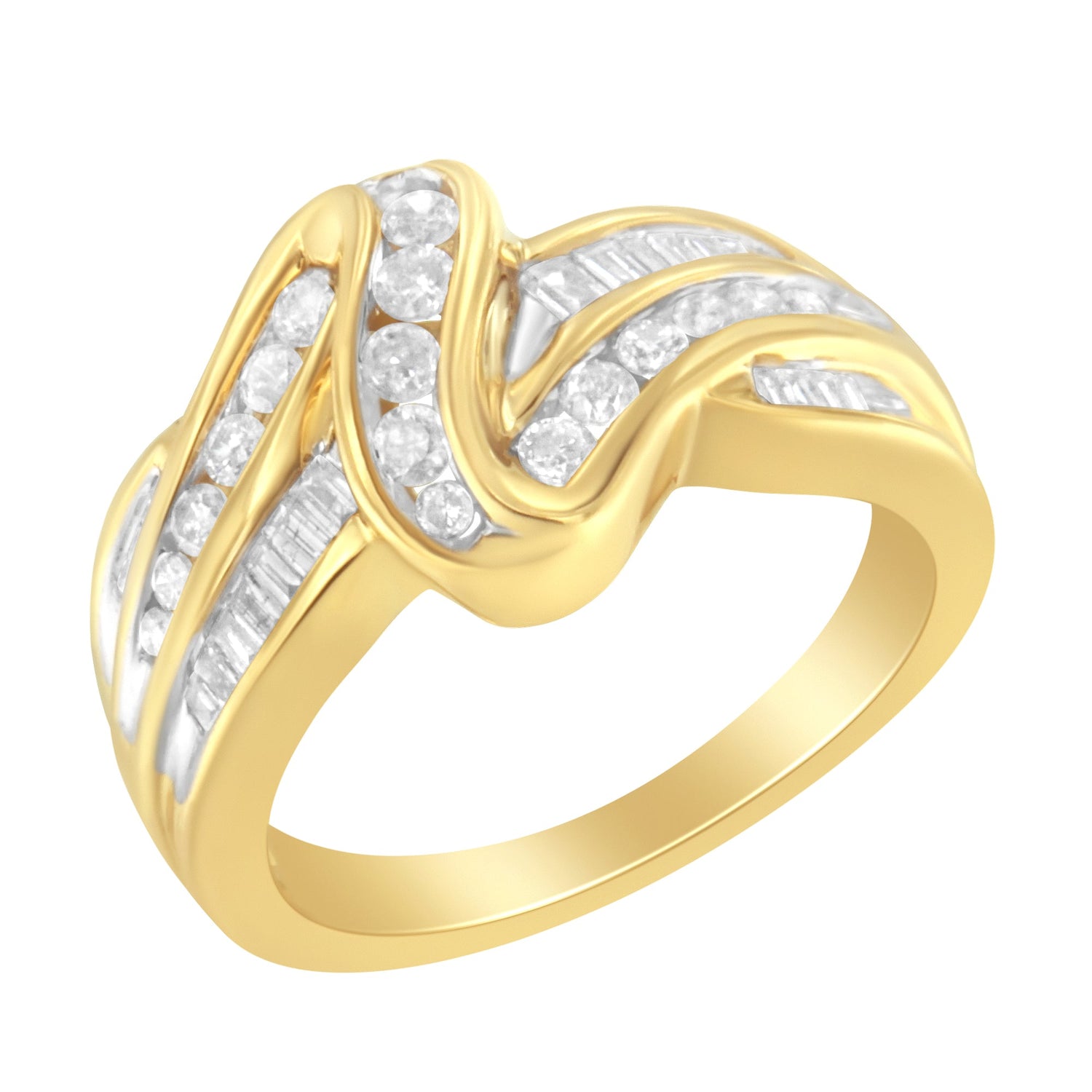 10K Yellow Gold 3/4 Cttw Channel Set Round and Baguette-cut Diamond Double Shank Bypass Ring (J-K Color, I1-I2 Clarity) - Size 6.75 by Bids.com