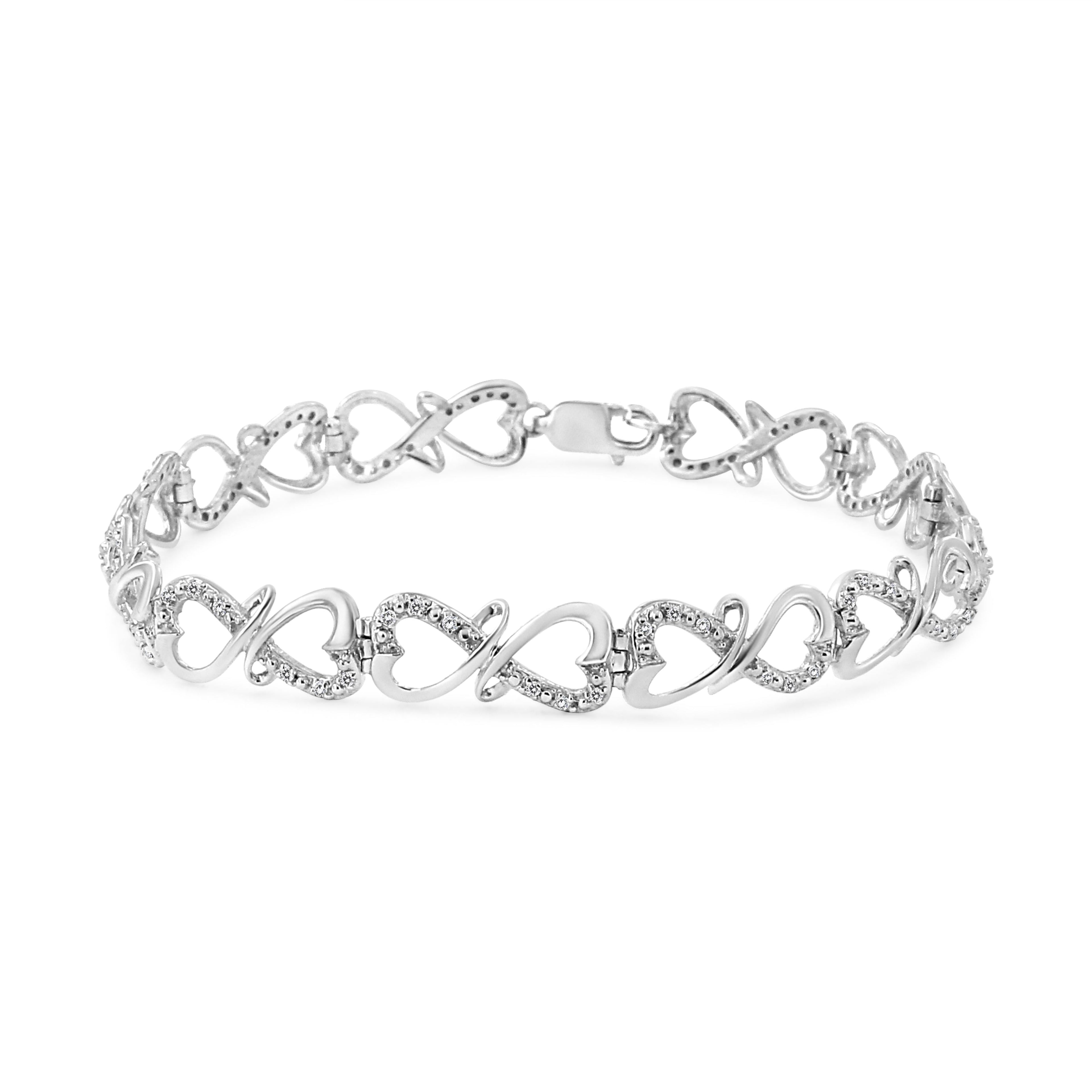 .925 Sterling Silver 1/3 Cttw Round-Cut Diamond Double Heart Infinity Link 7.25" Bracelet (H-I Color, I3 Clarity) by Bids.com